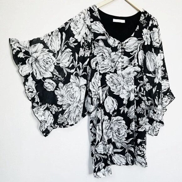 MINKPINK Women's Black Floral V Neck Flutter Kimono Ruffle Sleeves Mini Dress 10 - Picture 5 of 14